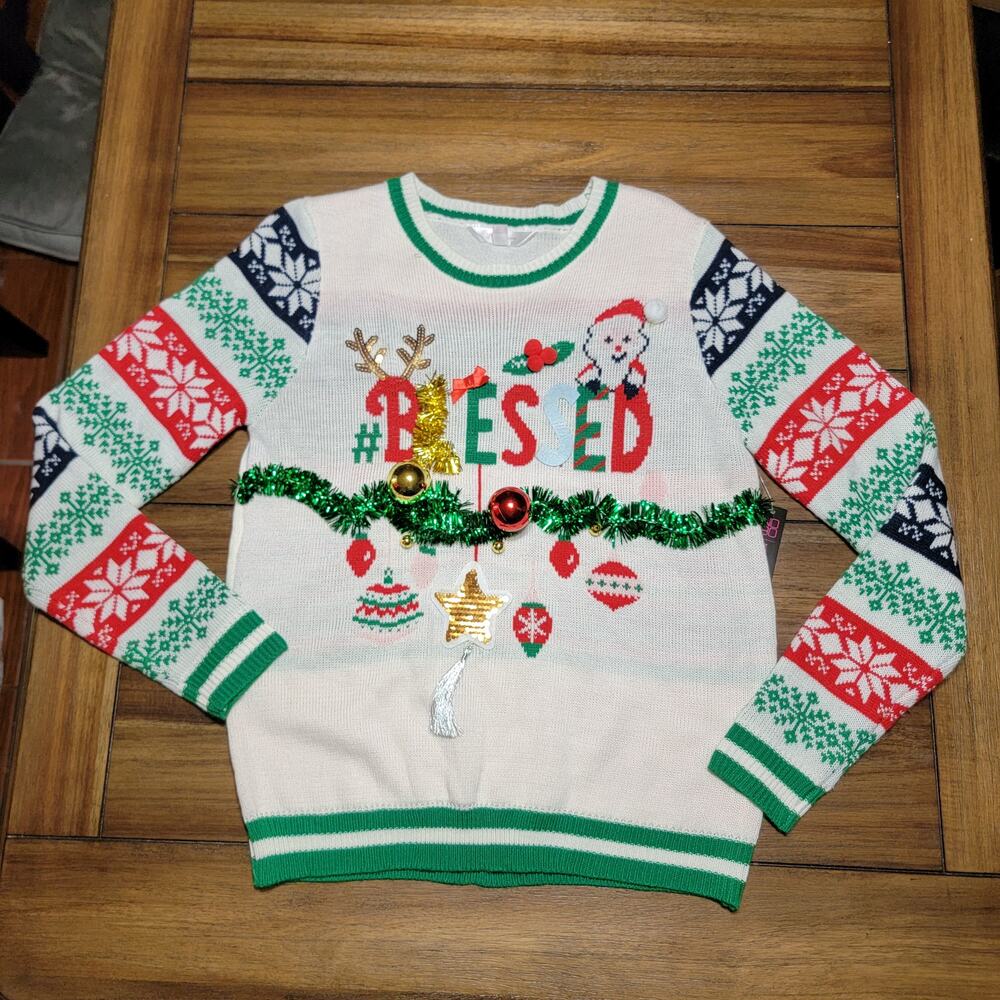 NoBo LS Junior Knit Christmas Sweater w/ Baubles & Garland - Size L (11-13) NWT